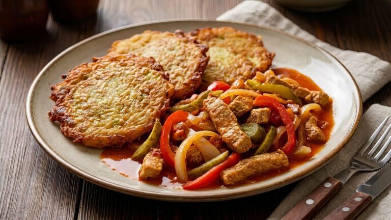 Spicy Pork Strips with Potato Pancakes