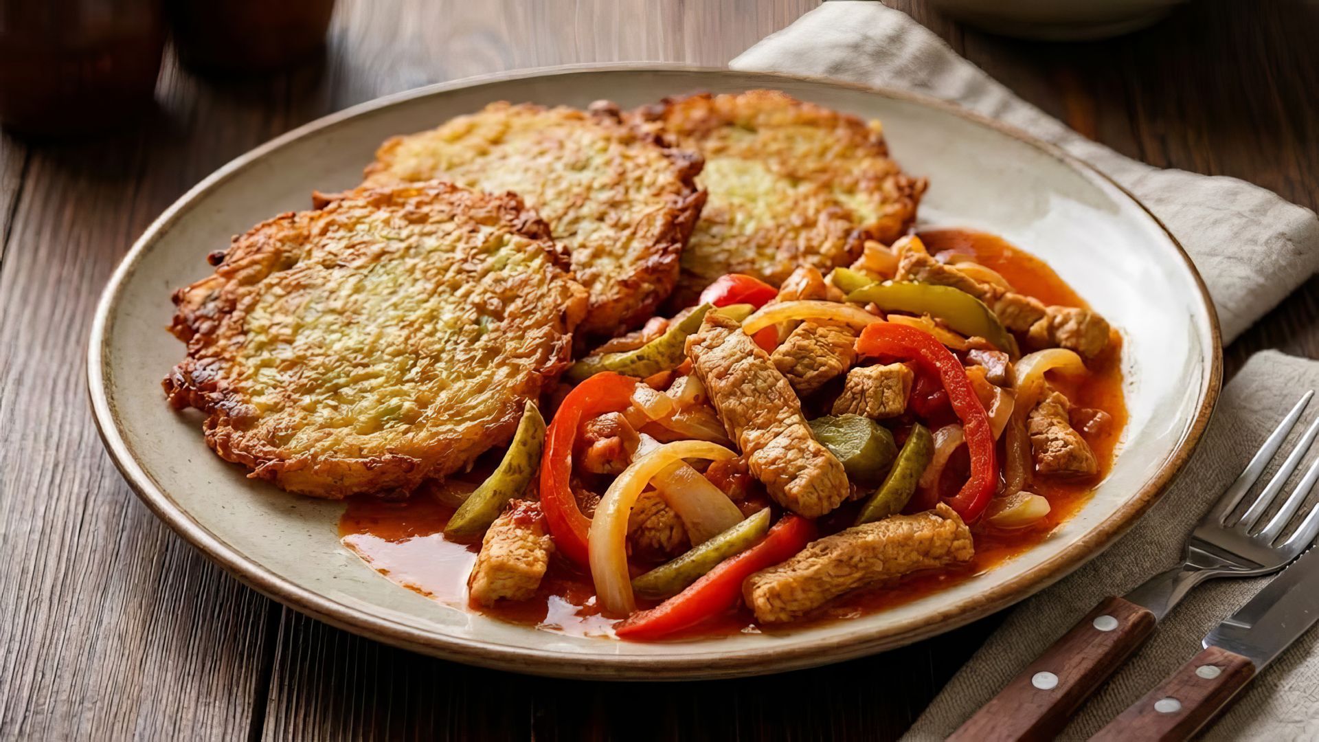 Spicy Pork Strips with Potato Pancakes